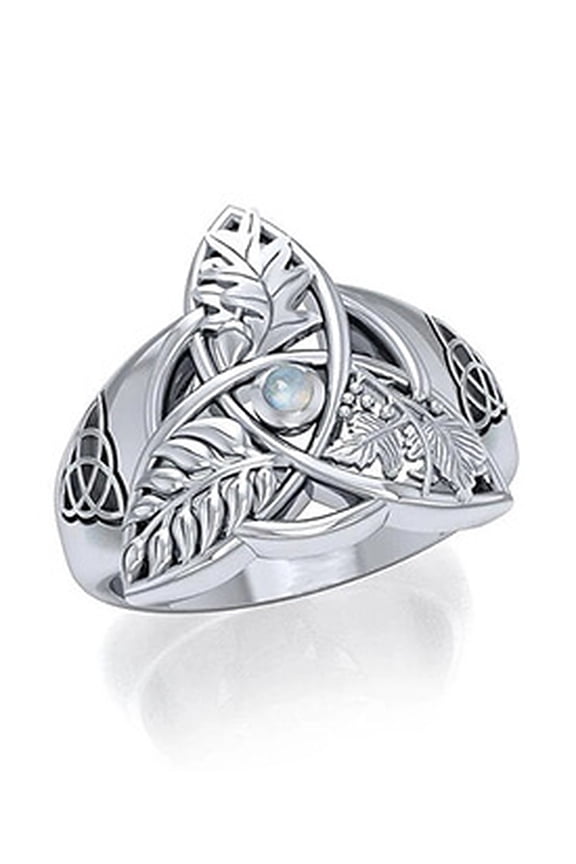 GaelSong Sterling Silver Oak Ash and Thorn Ring for Women with Moonstone Center and Trinity Knot