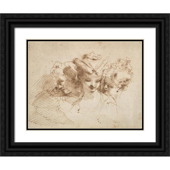 Gaetano Gandolfi 14x12 Black Ornate Wood Framed Double Matted Museum Art Print Titled: Three Female Heads (1734-1802)