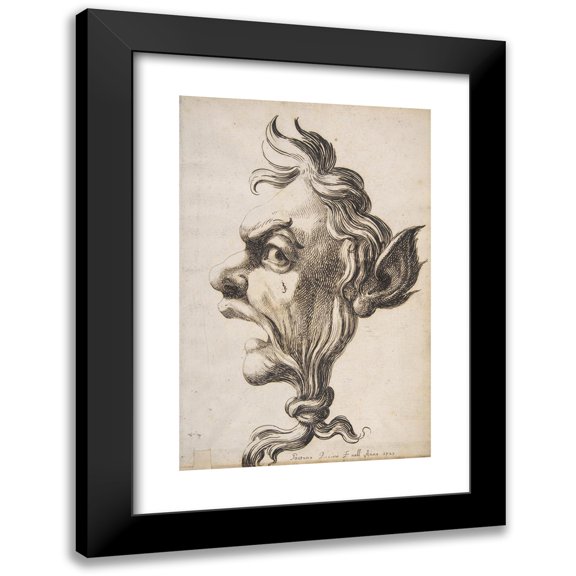 Gaetano Piccini 13x18 Black Modern Framed Museum Art Print Titled - Large Grotesque Head Being Strangled by its Own Hair (1727)