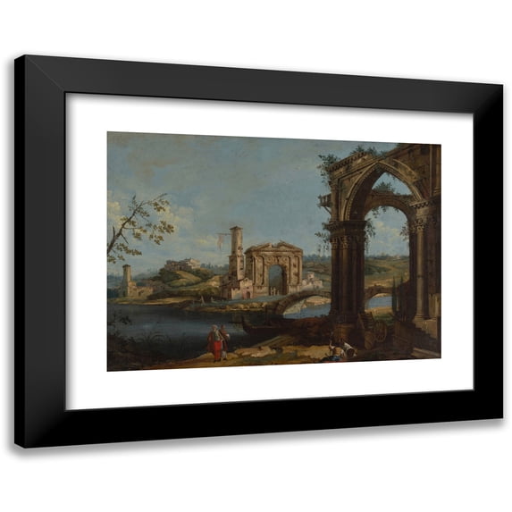 Gaetano Vetturali 24x18 Black Modern Framed Museum Art Print Titled - Italian Scene with Ruins (1700)