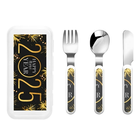 Gaeub 2025 New Year New Print 3-Piece Children Knife Spoon Fork Set,Stainless Steel Child Flatware Set,Kids Utensils Set with Case for Lunch Box (Fork Spoon Knife Combo)