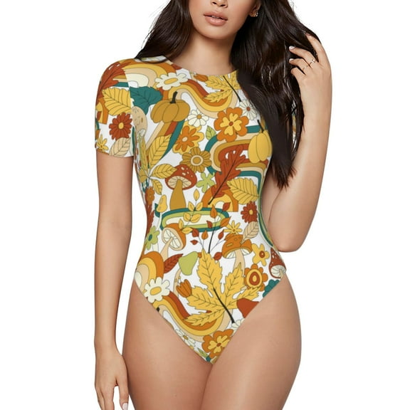 Gaeub 70s Groovy Hippie Print Women's Short Sleeve One Piece Swimsuit Sexy High-Waisted Bodysuit Bathing Suit for Swimming, Beach, Sports-X-Large