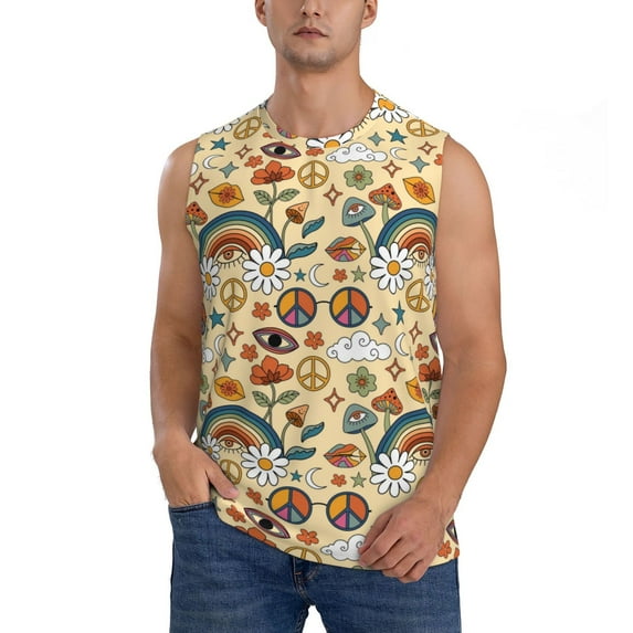 Gaeub 70s Hippie Style Men's Sleeveless Muscle Shirts Workout Tank Tops, Odor Protection and Comfortable - X-Large