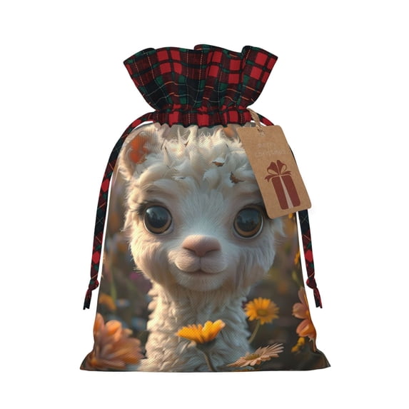 Gaeub Adorable Llama In Flowers Print Christmas Gift Bag with Drawstrings,Drawstring Gift Bag for Xmas,Christmas Linen Bag,Gift Wrapping Bags for Presents Party -Black