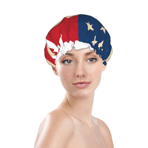 Gaeub American Flag Map Shower Caps for Women Men,Double Waterproof Layers Bathing Hat,Elastic and Reusable Bath Caps