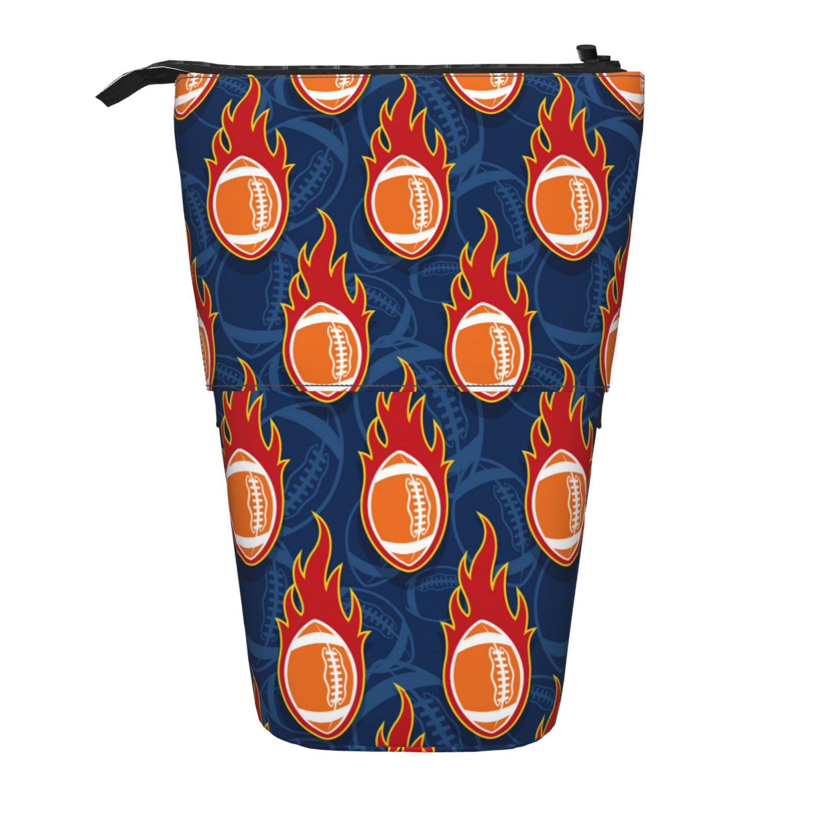 Gaeub American Football and Fire Flames Print Standing Pencil Case, Stand up Pencil Pouch, Telescopic Pen Bag,Portable Pencil Holder for School Office Supplies
