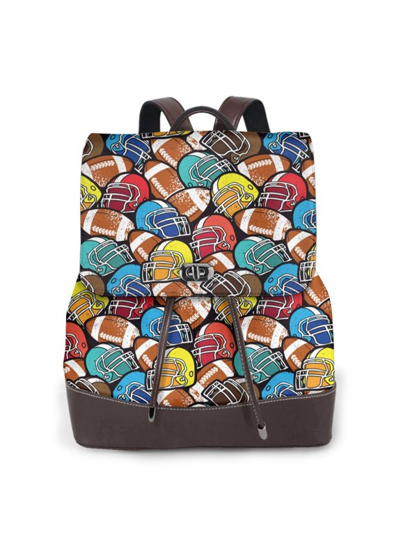 American Football Print Women's Leather Backpack,Travel Laptop Backpack,Fashion Ladies Leather Backpack Bag for Travel,Leather Drawstring Daypack for Me