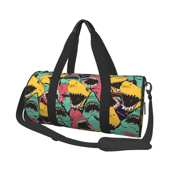 Gaeub Angry Shark Pattern Lightweight Travel Cylinder Bag Gym Tote Bag Sports Training Duffle Bag with Pockets and Straps