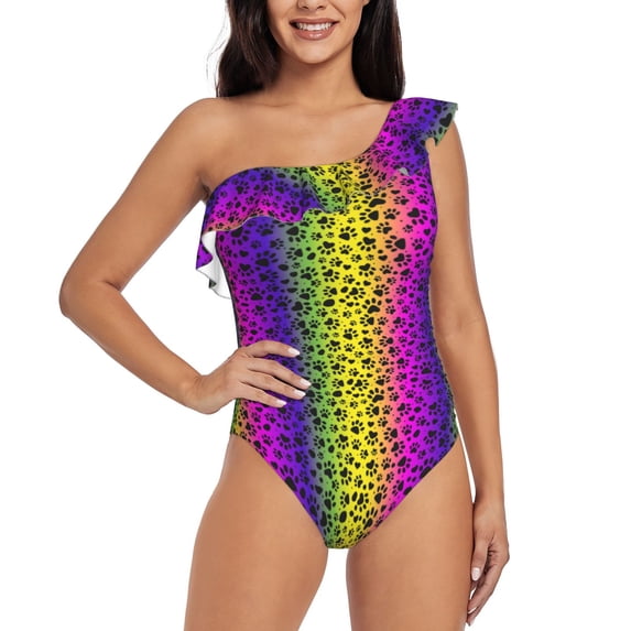 Gaeub Animal Paw Rainbow Women's One Shoulder Ruffle Tummy Control Swimwear for Swimming Surfing Beach Party - Small