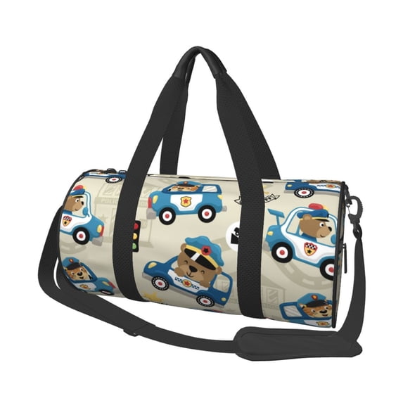 Gaeub Animals Driving Police Car Lightweight Travel Cylinder Bag Gym Tote Bag Sports Training Duffle Bag with Pockets and Straps