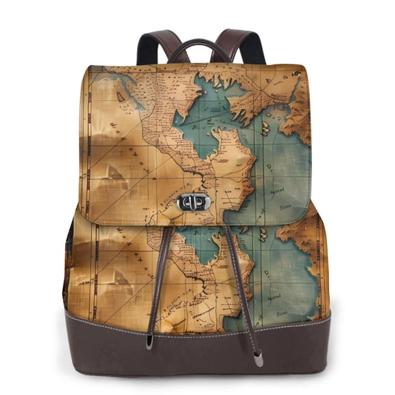Gaeub Antique Map Adventure Scene Print Women's Leather Backpack,Travel Laptop Backpack,Fashion Ladies Leather Backpack Bag for Travel,Leather Drawstring Daypack for Me