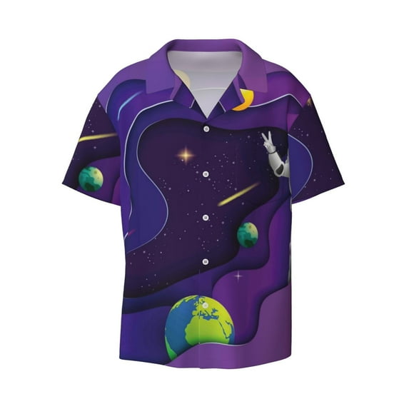 Gaeub Astronaut Men's Lapel Short Sleeve Shirt, Relaxed Fit Shirt, Soft and Breathable for Outdoors Party Travel - Large