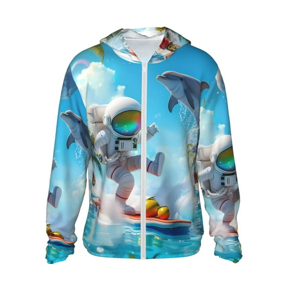 Gaeub Astronaut Tropical Dolphin Men's and Women's UPF 50+ Long-Sleeved Sun Protection Clothing, Fishing Shirt Long Sleeve Zip-XX-Large