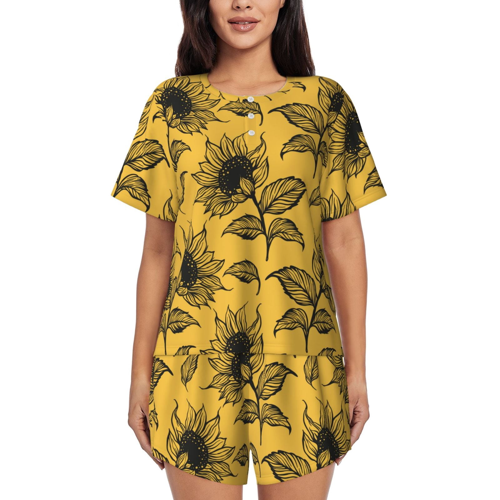 American Trends Women's Short Sleeve Pajama Set - Cartoon Print Top & Capri Pants, Flamingo On Green, XX-Large