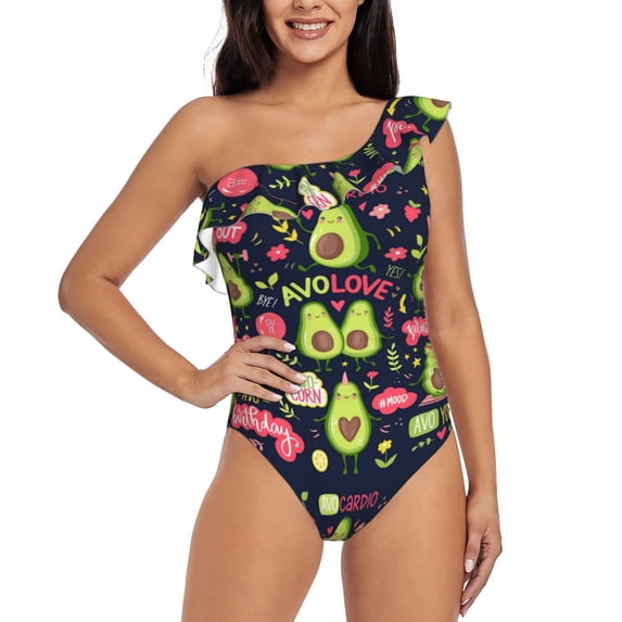 Gaeub Avocado Love Women's One Shoulder Ruffle Tummy Control Swimwear for Swimming Surfing Beach Party - Medium