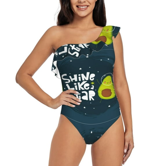 Gaeub Avocado in Space1 Women's One Shoulder Ruffle Tummy Control Swimwear for Swimming Surfing Beach Party - X-Large