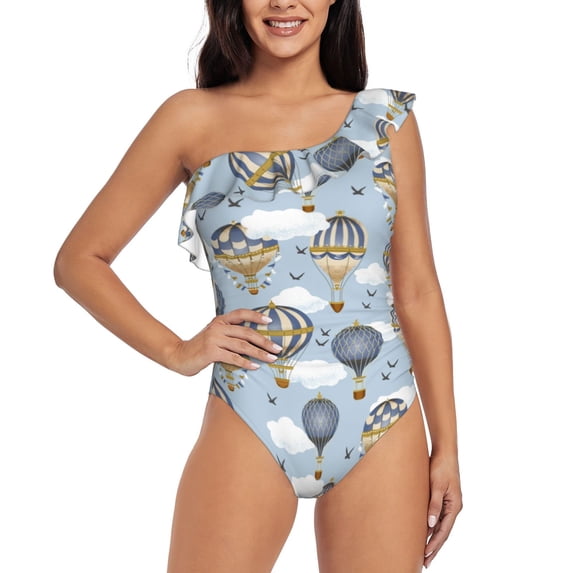 Gaeub Balloon Vintage Women's One Shoulder Ruffle Tummy Control Swimwear for Swimming Surfing Beach Party - Medium