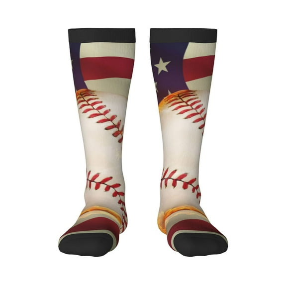 Gaeub Baseball Ball With Flag Printed Design Socks Stretchy High Tube Socks for Men Women Teens , Softball Soccer Socks for Hiking, Sport