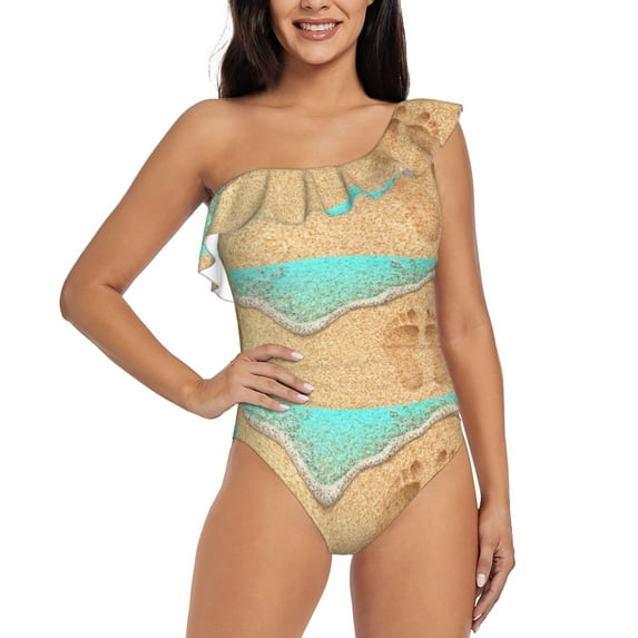Gaeub Beach Footprint Women's One Shoulder Ruffle Tummy Control Swimwear for Swimming Surfing Beach Party - XX-Large