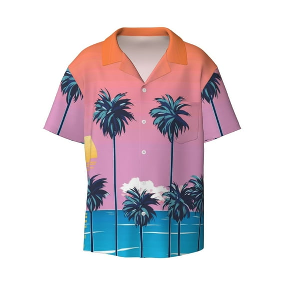 Gaeub Beach with Palm Trees Men's Lapel Short Sleeve Shirt, Relaxed Fit Shirt, Soft and Breathable for Outdoors Party Travel - Medium