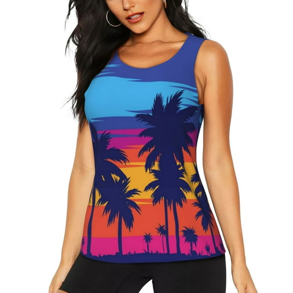 Gaeub Beach with Palm Trees Women's Workout Tank Tops Lightweight Sleeveless Shirts for Women for Athletic Running Tennis Yoga - X-Large