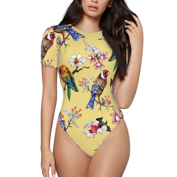 Gaeub Beautiful Bright Birds And Flowers Women'S Short Sleeve One Piece Swimsuit Sexy High-Waisted Bodysuit For Swimming, Beach, Sports - X-Large