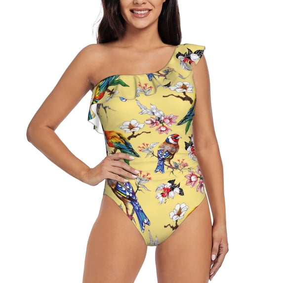 Gaeub Beautiful Bright Birds And Flowers Women's One Shoulder Ruffle Tummy Control Swimwear for Swimming Surfing Beach Party - Medium