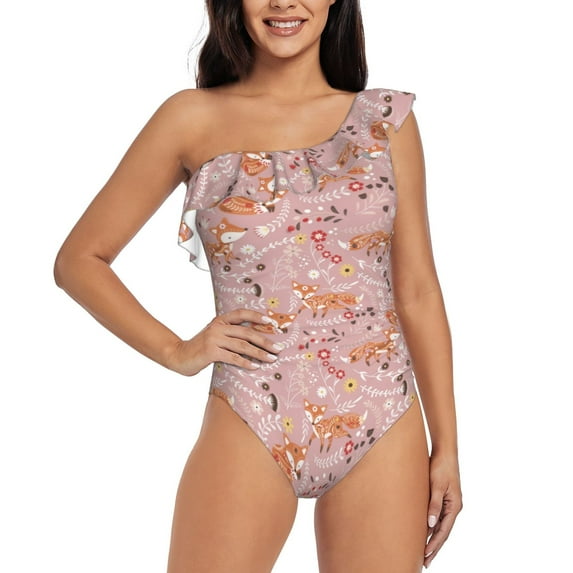 Gaeub Beautiful Fox Women's One Shoulder Ruffle Tummy Control Swimwear for Swimming Surfing Beach Party - Small