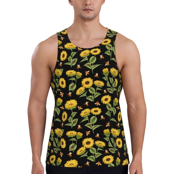 Gaeub Bees and Sunflowers Men's Athletic Tank Top, Workout Sleeveless Shirts, Running Tank Tops for Gym, Running, Training - XX-Large