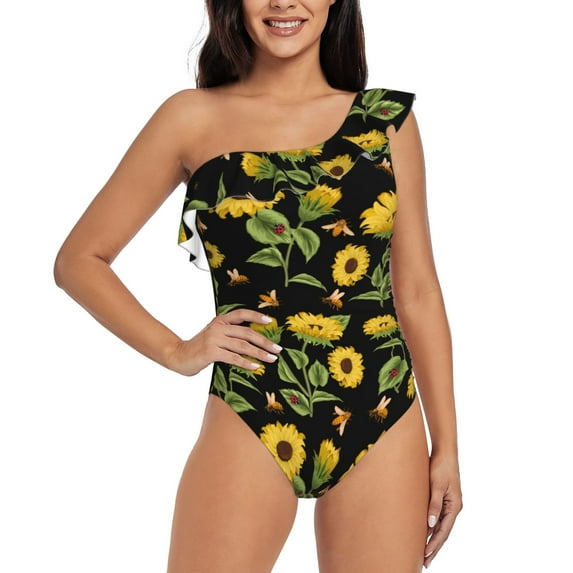 Gaeub Bees and Sunflowers Women's One Shoulder Ruffle Tummy Control Swimwear for Swimming Surfing Beach Party - Small