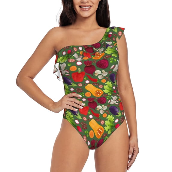 Gaeub Begetable Women's One Shoulder Ruffle Tummy Control Swimwear for Swimming Surfing Beach Party - Medium