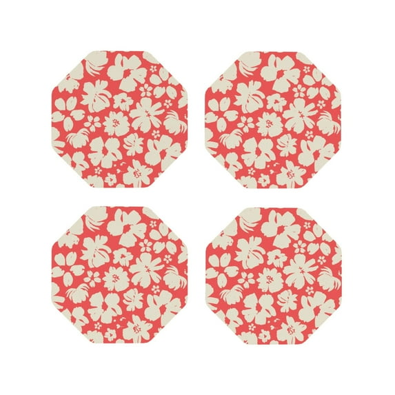 Gaeub Beige Flowers Print 4 Pcs Leather Coasters for Drinks ,Drink Coasters Sets,Drink Table Cup Coasters for Living Room Kitchen Coffee Decor-Octagon