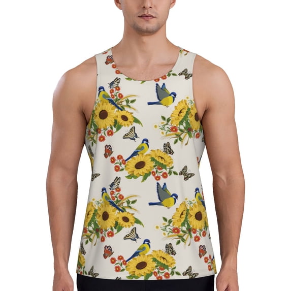 Gaeub Bird Sunflowers Men's Athletic Tank Top, Workout Sleeveless Shirts, Running Tank Tops for Gym, Running, Training - 3X-Large