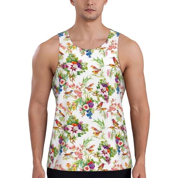 Gaeub Birds And Flowers Men's Athletic Tank Top, Workout Sleeveless Shirts, Running Tank Tops for Gym, Running, Training - Large