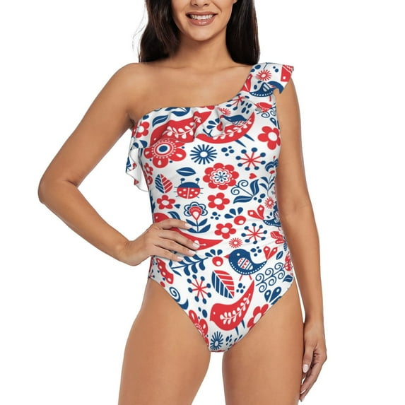 Gaeub Birds Flowers Women's One Shoulder Ruffle Tummy Control Swimwear for Swimming Surfing Beach Party - Small