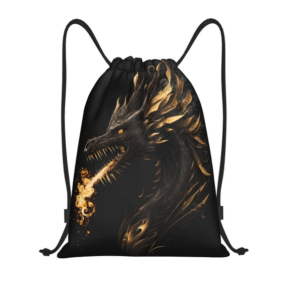 Gaeub Black And Gold Fire Dragon Drawstring Backpack Bag Sport Gym Sackpack Heavy Duty String Backpack for Men Women-Medium