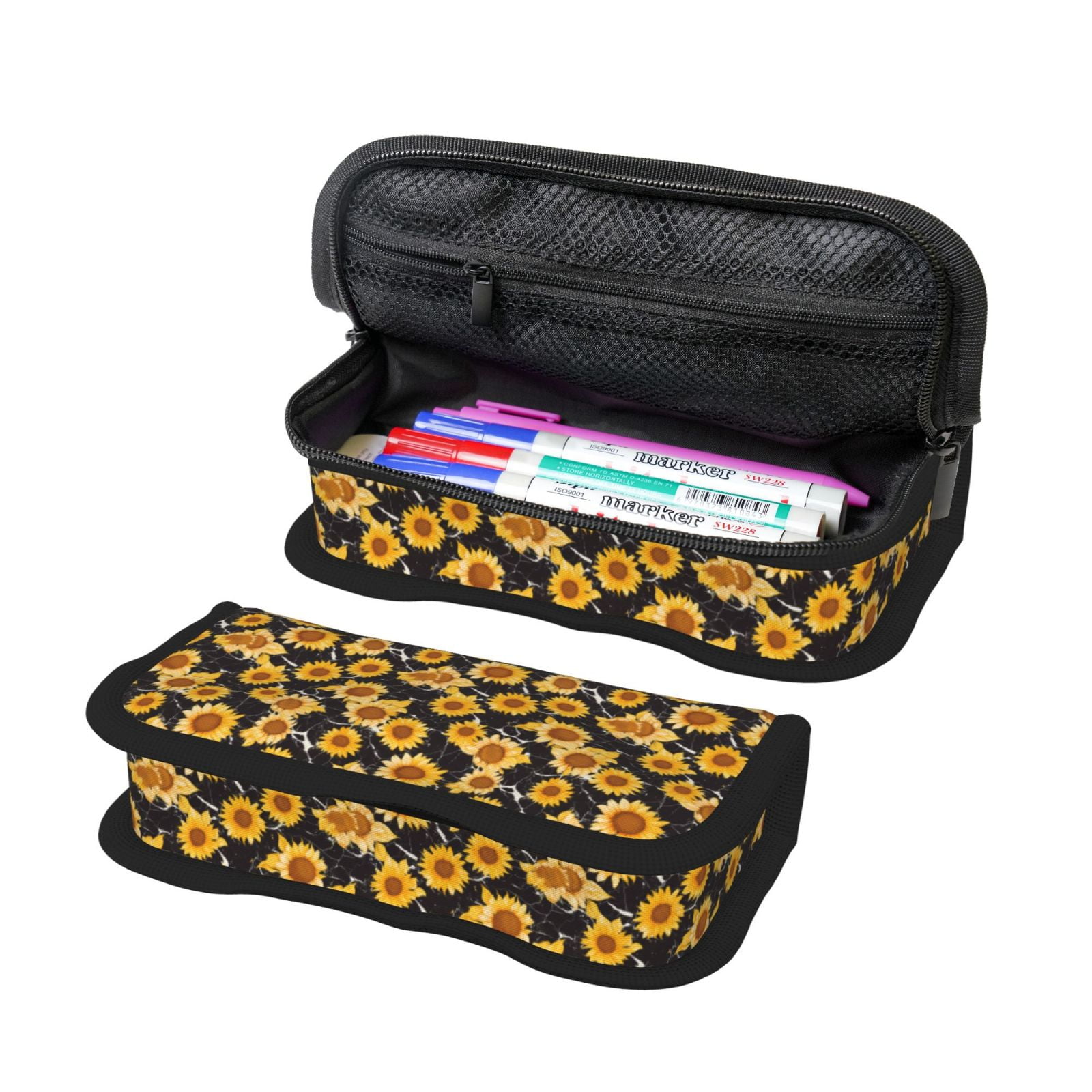Gaeub Black Marble Pattern Sunflower Print Canvas Pen Case,Pencil Case for Men Women, Large Pen Bag,Big Capacity Canvas Pencil Pouch