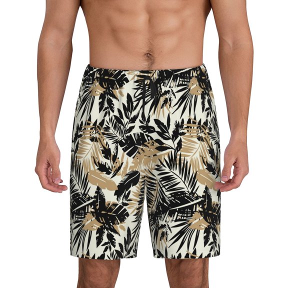 Gaeub Black Palm Leaves Print Men's Short Pajama Pants, Sleep Shorts, Household Pants, Casual Pants with Pockets-Medium
