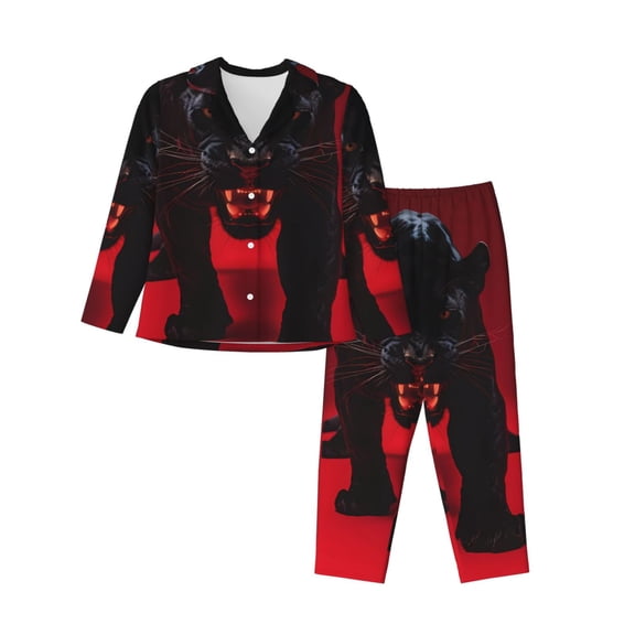 Gaeub Black Panther Red Background Women' Long-Sleeve Shirt and Full-Length Bottom Pajama Set Loungewear Soft Pjs Sleepwear Set-Large