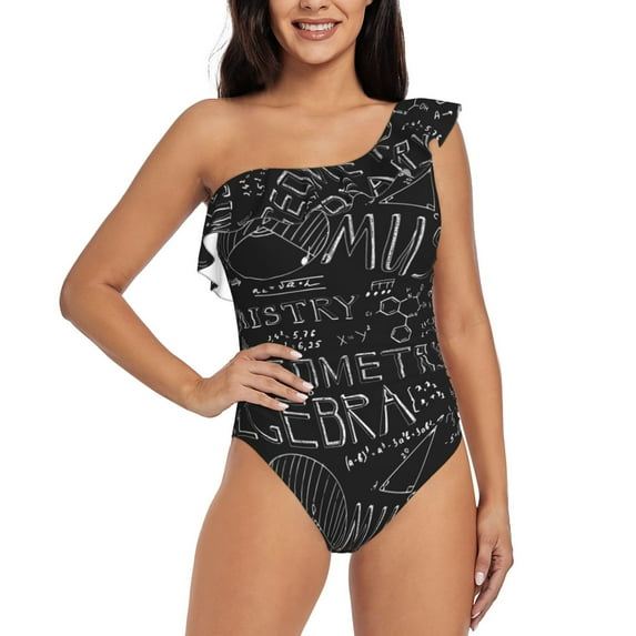 Gaeub Black Scientific Women's One Shoulder Ruffle Tummy Control Swimwear for Swimming Surfing Beach Party - Small