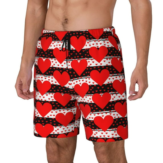 Gaeub Black and white striped and red hearts Print Mens Swim Trunks with Compression Liner,Board Shorts Quick Dry,Beach Swimwear with Pockets-3X-Large