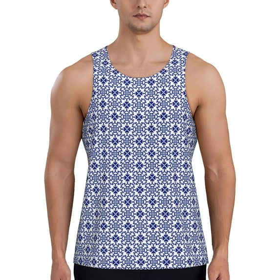Gaeub Blue And White Porcelain Chinaware Men's Athletic Tank Top, Workout Sleeveless Shirts, Running Tank Tops for Gym, Running, Training - XX-Large