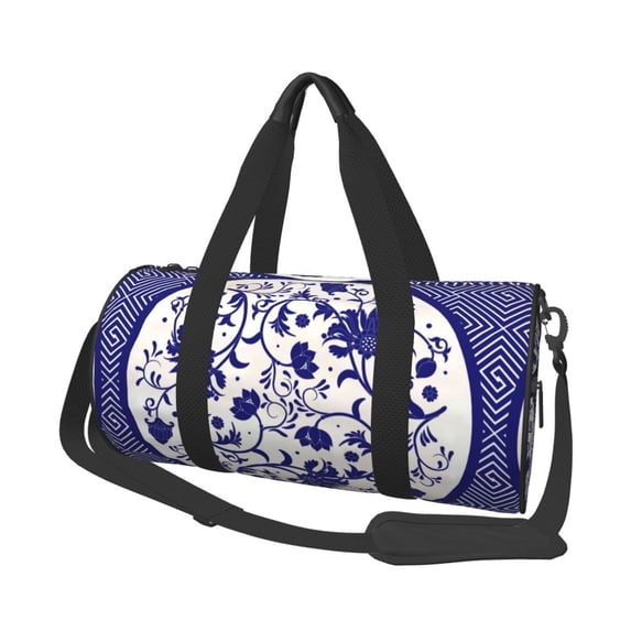 Gaeub Blue And White Porcelain Pattern Lightweight Travel Cylinder Bag Gym Tote Bag Sports Training Duffle Bag with Pockets and Straps