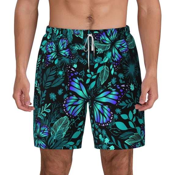 Gaeub Blue Floral with Butterflies Mens Swim Trunks Stretch Beach Shorts Quick Dry for Men Swim Shorts Swimwear with Pockets- 3X-Large