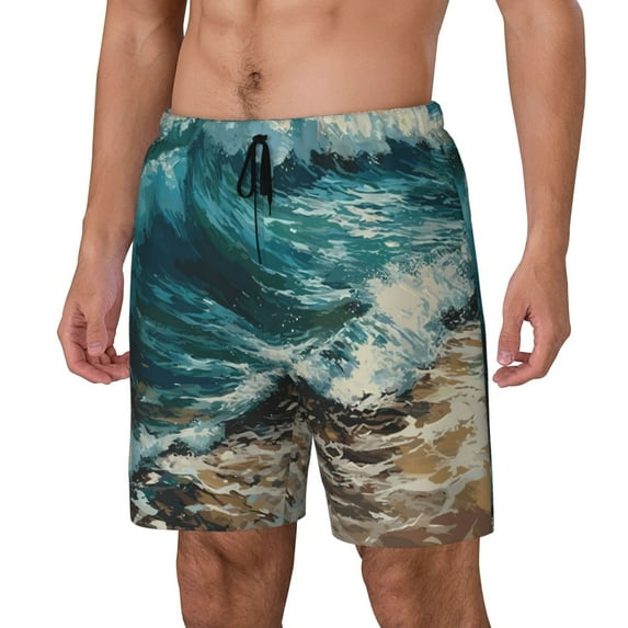 Gaeub Blue Ocean Waves Print Mens Swim Trunks with Compression Liner,Board Shorts Quick Dry,Beach Swimwear with Pockets-XX-Large