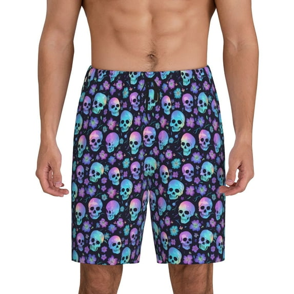 Gaeub Blue Skull Flower Print Men's Short Pajama Pants, Sleep Shorts, Household Pants, Casual Pants with Pockets-XX-Large