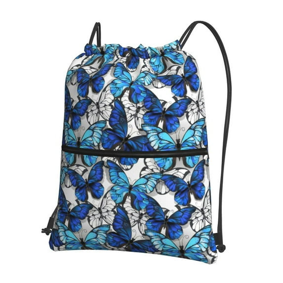 Gaeub Blue and White Butterflies Gym Bag Sackpack Sports,Drawstring Backpack Sports Bag for Women Men Large Size