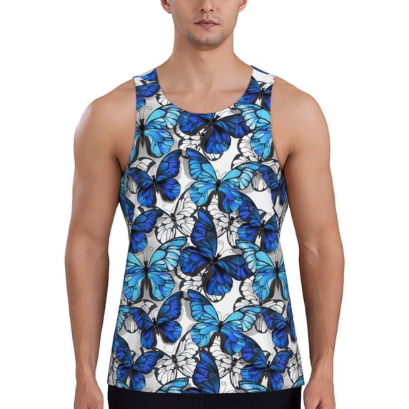 Gaeub Blue and White Butterflies Men's Athletic Tank Top, Workout Sleeveless Shirts, Running Tank Tops for Gym, Running, Training - Large