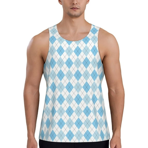 Gaeub Blue and White Squares Men's Athletic Tank Top, Workout Sleeveless Shirts, Running Tank Tops for Gym, Running, Training - Small