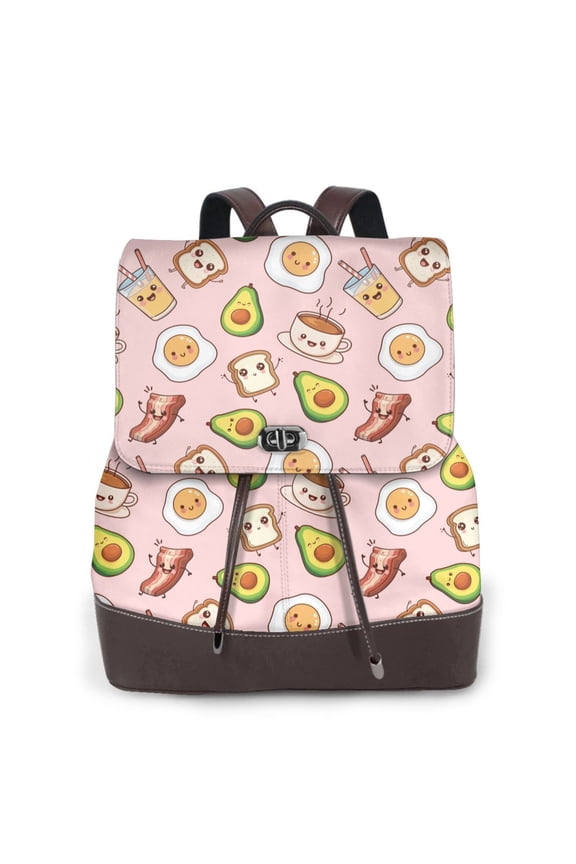 Breakfast Print Women's Leather Backpack,Travel Laptop Backpack,Fashion Ladies Leather Backpack Bag for Travel,Leather Drawstring Daypack for Me